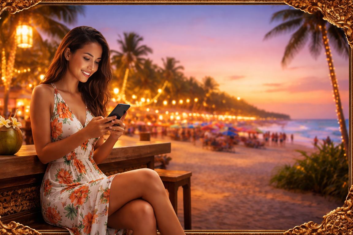 Pengguna mobile mengakses verifikasi akun bambumas88 di tepi pantai tropis